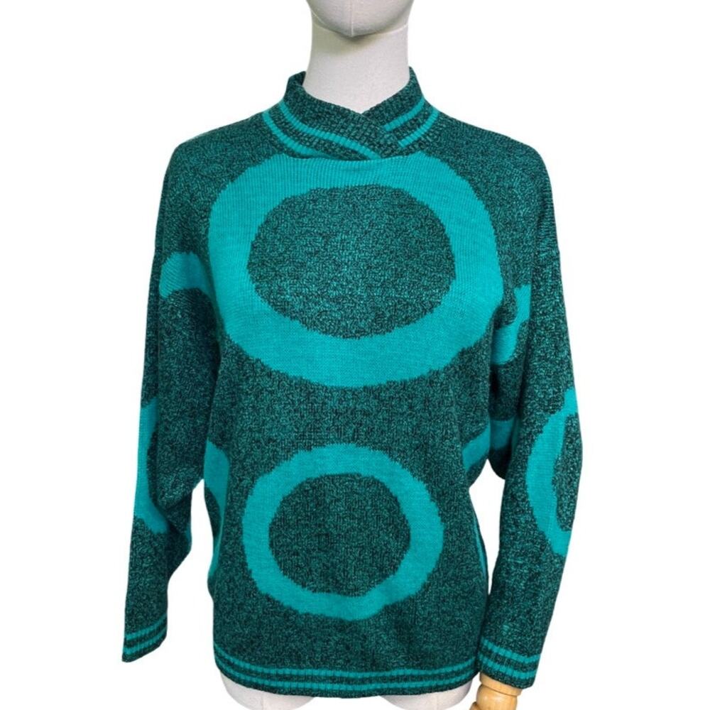 Vintage Knitwaves USA Teal Black Circle Pattern Sweater 80s Retro Acrylic S/M